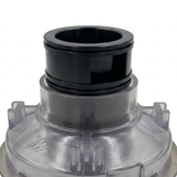 Close-up view of the rear assembly on an Ovo Swim With Metal 2in SX 12in artesian spa jet insert, showing the clear plastic body housing with mounting tabs and the black cylindrical stem with side porting.