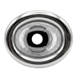 Direct overhead front view of an Ovo Swim WMetal 2in SX 12in Artesian spa jet insert, featuring an oval stainless steel trim bezel and clear plastic internal nozzle housing with a central black port.