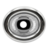 Direct overhead front view of an Ovo Swim WMetal 2in SX 12in Artesian spa jet insert, featuring an oval stainless steel trim bezel and clear plastic internal nozzle housing with a central black port.