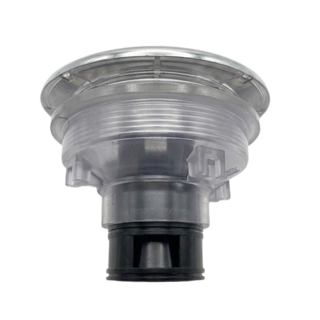 Side profile view of an Ovo Swim With Metal 2in SX 12in Artesian spa jet insert, showing the metallic face flange lip, clear plastic body casing with retention tabs, and black lower stem assembly.