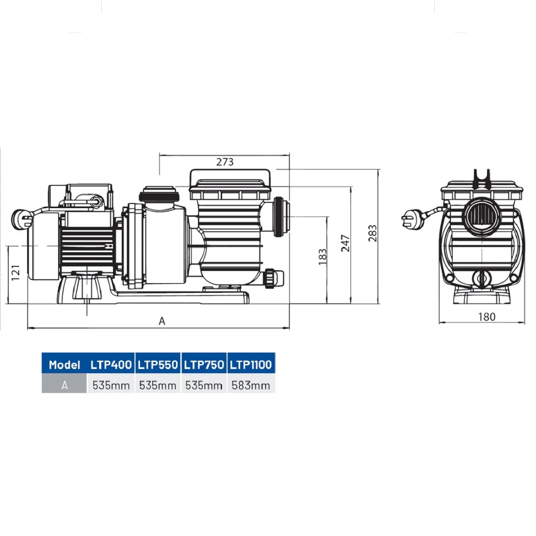 Technical dimensional line drawing showing side and front elevation measurements with a model sizing chart for Pentair Onga LTP series pool pumps isolated on white.