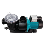 Side view of a Pentair Onga LTP1100 1.5 HP pool pump without unions, showing the internal white filter basket visible through the clear lid, wet end housing, and teal motor isolated on white.
