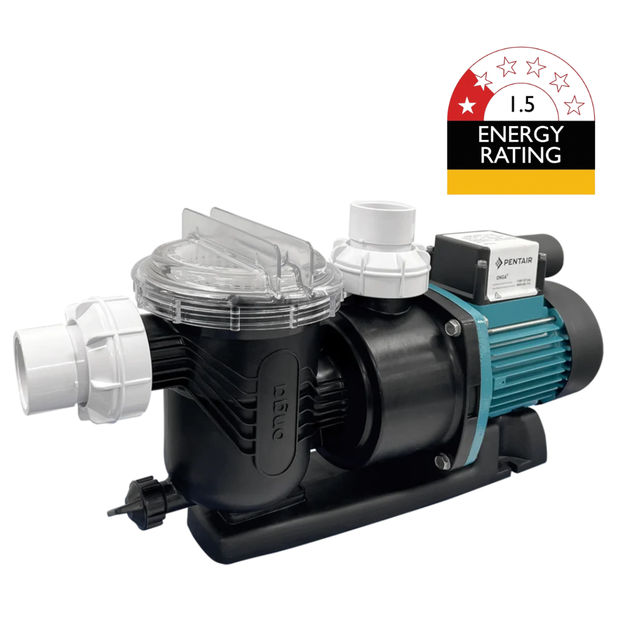 Side studio view of a Pentair Onga LTP550 0.75 HP pool pump with clear strainer lid, white barrel unions, blue motor housing, and a 1.5-star Energy Rating badge in the top right corner isolated on white.