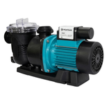 Side view of a Pentair Onga LTP550 0.75 HP pool pump without unions, highlighting the teal-colored motor body, terminal box label, and rear fan shroud isolated on white.