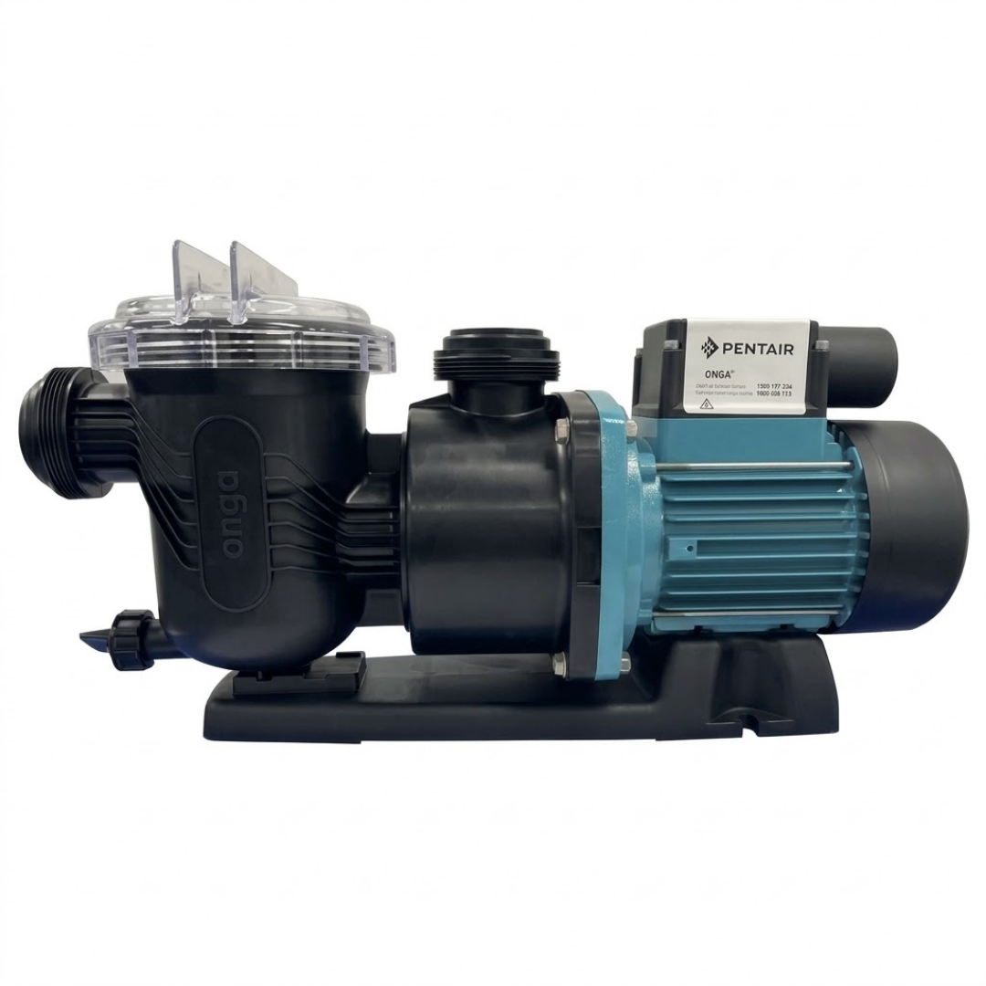 Profile side studio view of a Pentair Onga LTP550 0.75 HP pool pump without unions, showing the clear strainer basket lid, black wet end, base plate, and teal motor body isolated on white.