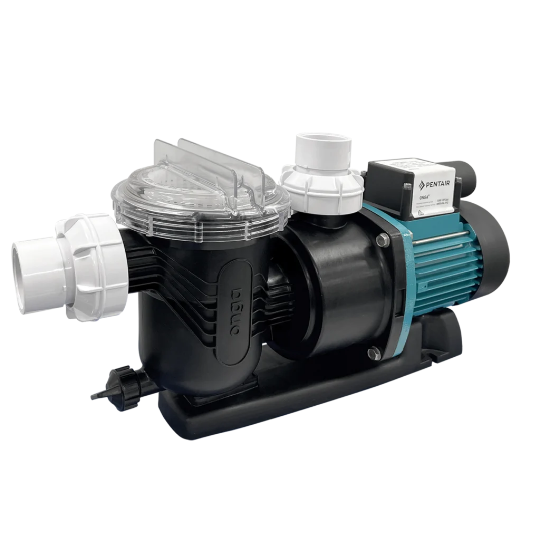 Side studio view of a Pentair Onga LTP550 0.75 HP pool pump with clear strainer lid, white barrel unions, black wet end, and teal-accented motor housing isolated on white.