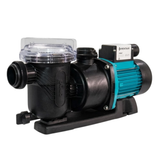 Three-quarter studio view of a Pentair Onga LTP550 0.75 HP pool pump without unions, showing the clear strainer lid, front suction port, drain plug, and teal motor housing isolated on white.