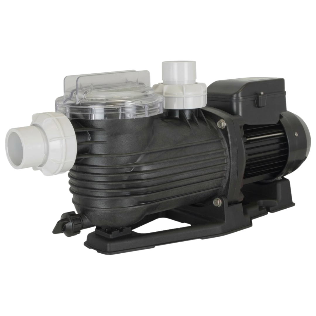Front three-quarter studio view of a Pentair Onga Pantera PPP550 0.75 HP pool pump, displaying the front white suction union, clear strainer lid, top discharge port, and black motor assembly isolated on white.