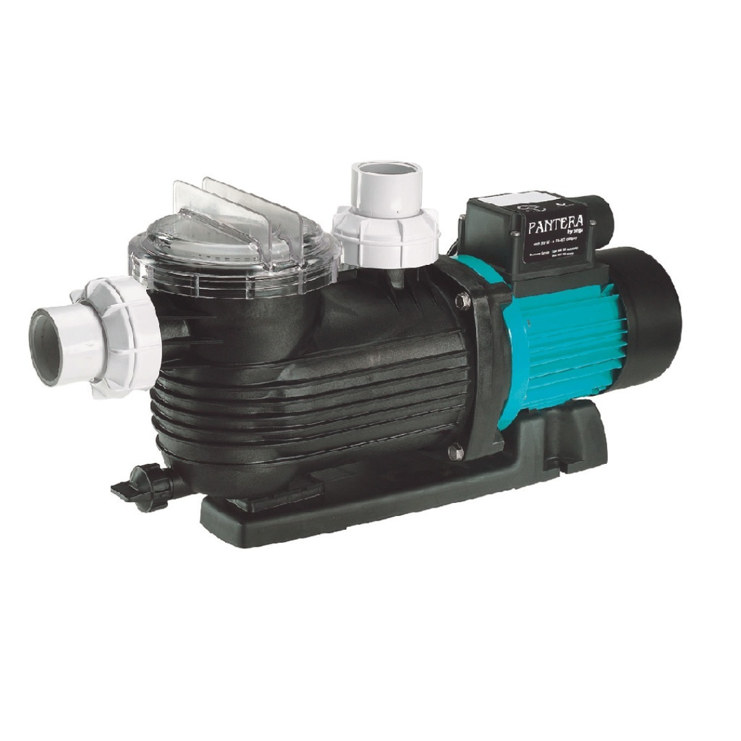 Three-quarter studio view of a Pentair Onga Pantera PPP550 0.75 HP pool pump featuring a teal motor casing, Pantera label, white suction and discharge barrel unions, clear strainer lid, and black base isolated on white.