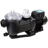 Three-quarter studio view of a Pentair Onga Pantera PPP550 0.75 HP pool pump, displaying the clear lock-ring strainer lid, white discharge union, black housing, motor casing, and mounting base isolated on white.