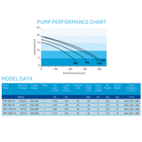 Technical pump performance flow curves graph paired with a comprehensive model data specification table for Pentair Onga Pantera pool pumps isolated on white.