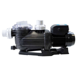 Profile side studio view of a Pentair Onga Pantera PPP750 1.0 HP pool pump, showing white inlet and outlet union connections, clear lint pot lid, black pump casing, motor housing, and base foot isolated on white.