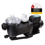 Three-quarter studio view of a Pentair Onga Pantera PPP750 1.0 HP pool pump, displaying the clear lock-ring strainer lid, white top discharge union, black motor housing, and 1.5-star energy rating badge isolated on white.