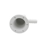 A straight top down view looking into the circular female internal threads of a white plastic replacement air injector body compatible with Pentair spa jets showing the barbed plumbing hose connection