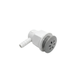 An angled view of a complete grey Pentair spa air injector set showing the round slotted face plate threaded into a white plastic body with a barbed hose tailpiece