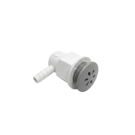An angled view of a complete grey Pentair spa air injector set showing the round slotted face plate threaded into a white plastic body with a barbed hose tailpiece