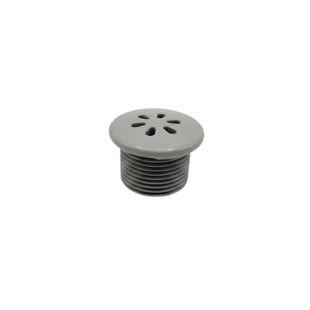 An angled close up view of a standalone grey plastic replacement air injector nozzle plug compatible with Pentair spa systems showing the threaded male body and slotted scalloped face plate