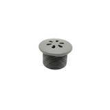 An angled close up view of a standalone grey plastic replacement air injector nozzle plug compatible with Pentair spa systems showing the threaded male body and slotted scalloped face plate