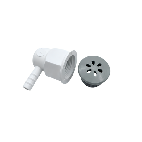 An exploded parts view of a grey Pentair spa air injector set showing the grey scalloped face cap unscrewed next to the white plastic body with internal threads and a barbed hose tailpiece