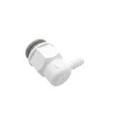 A rear angled view of an assembled grey Pentair spa air injector set highlighting the white plastic body with its molded hexagonal nut shape and ribbed plumbing barb