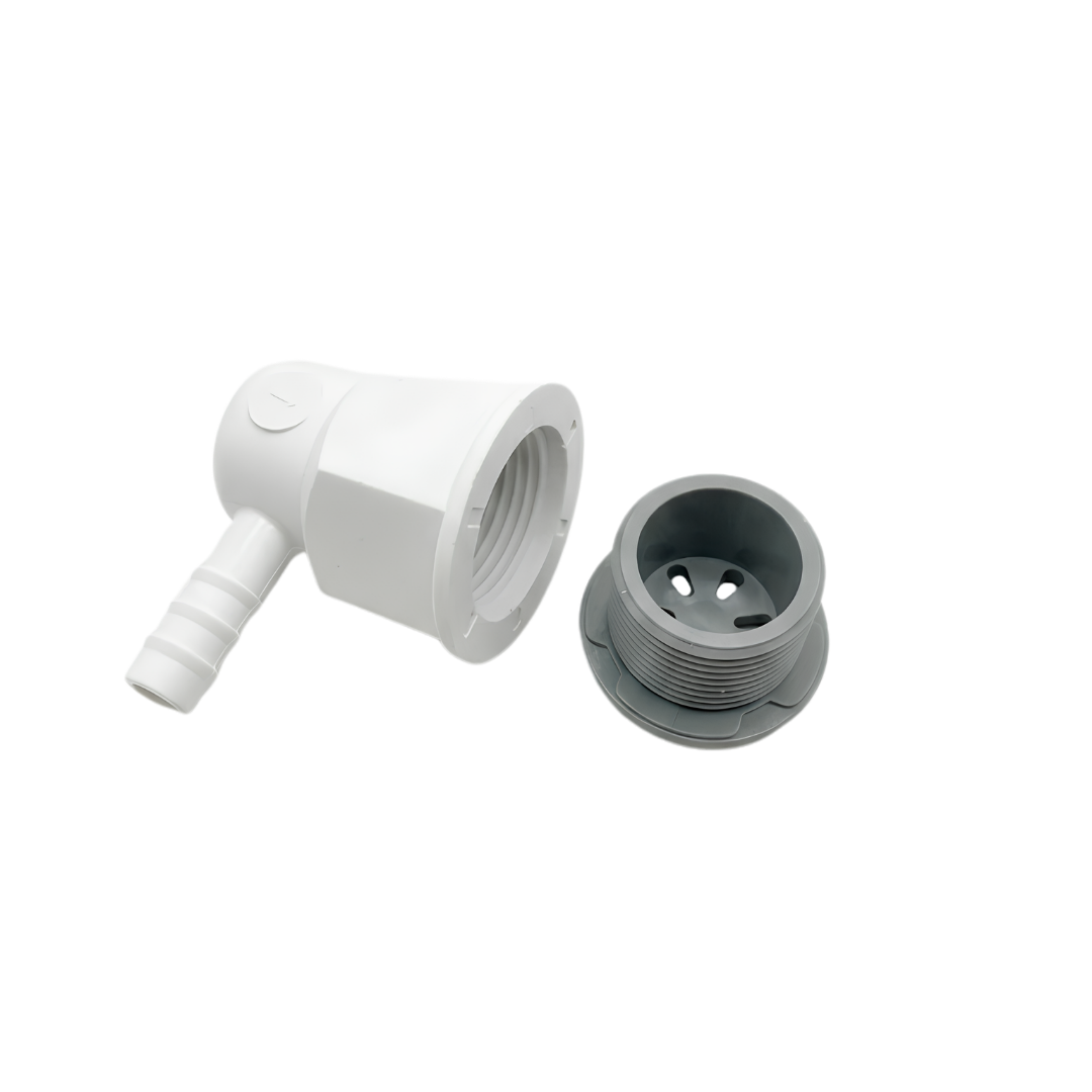 An exploded view of a grey Pentair spa air injector set showing the reverse side of the grey face plug with male threads next to a white plastic body with an air barb tailpiece