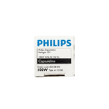 Close-up view of the side label on a Philips Capsuleline 12V 100W GY6.35 halogen box showing order code 402158 XX and type number 13100.