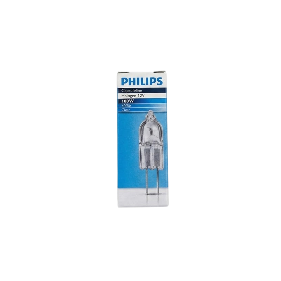 Front view of retail box packaging for a Philips Capsuleline 12V 100W clear halogen globe, displaying product specifications and product image.