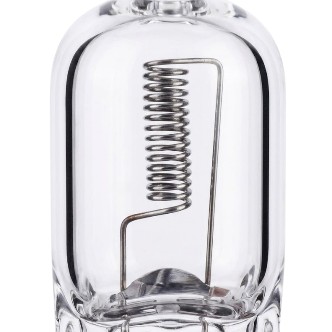 Macro close-up view of the internal coiled filament and support wire inside a Philips Trimlight 12V halogen globe.
