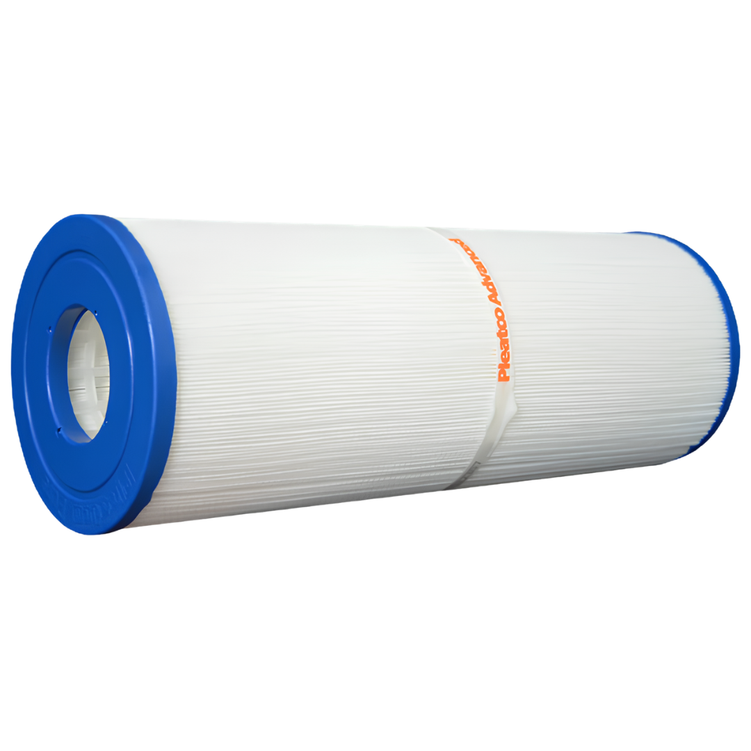 Horizontal side profile view of a Pleatco Advanced 50 Sq Ft replacement filter cartridge with an orange-lettered center band for Artesian and South Seas Dyno Flo spas