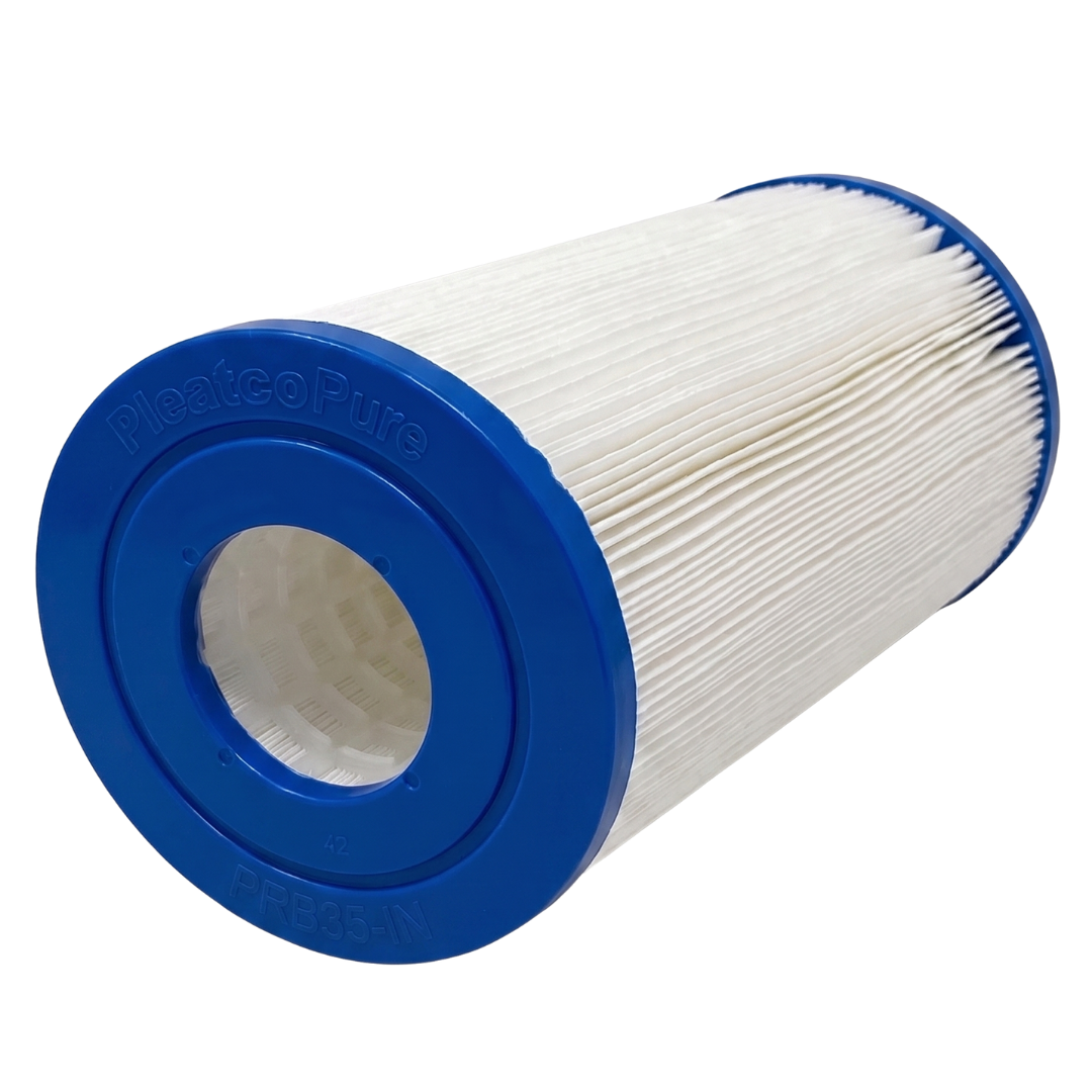Angled horizontal view of a PleatcoPure PRB35-IN 35 Sq Ft replacement filter cartridge for Dyno Flo Tonga spas showcasing the blue open end cap with molded model markings