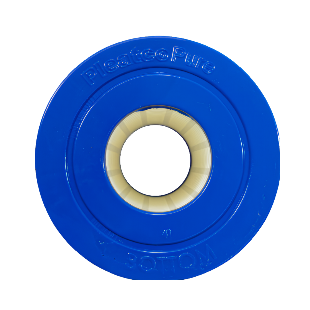 Direct overhead view of the blue bottom open end cap on a PleatcoPure 35 Sq Ft replacement filter cartridge for Dyno Flo Tonga spas showing the molded bottom text