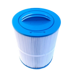 A cylindrical pleated spa filter cartridge featuring a bright blue end cap and integrated top lifting handle.