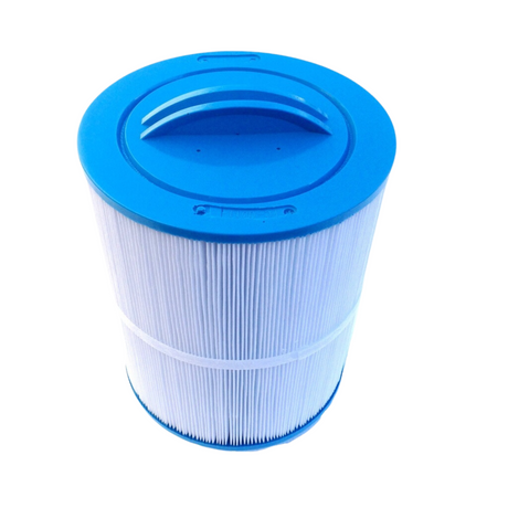A cylindrical pleated spa filter cartridge featuring a bright blue end cap and integrated top lifting handle.