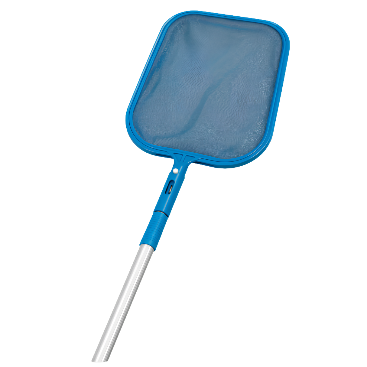 A studio product shot of a bright blue swimming pool leaf skimmer net attached to a silver aluminum pole handle, isolated on a white background, highlighting its fine blue mesh netting and plastic connection clip.