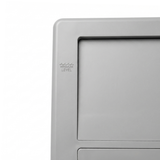 Close up view of the corner on a grey wide mouth pool skimmer faceplate frame highlighting the molded minimum water level text and wave icon indicator
