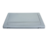Low angled perspective of a grey wide mouth pool skimmer faceplate and flap door assembly highlighting the bottom snap-in tabs and molded side text
