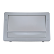 Front view of a grey wide mouth pool skimmer faceplate and flap door assembly featuring molded minimum water level indicator markings on the outer frame