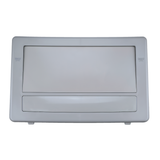 Front view of a grey wide mouth pool skimmer faceplate and flap door assembly featuring molded minimum water level indicator markings on the outer frame