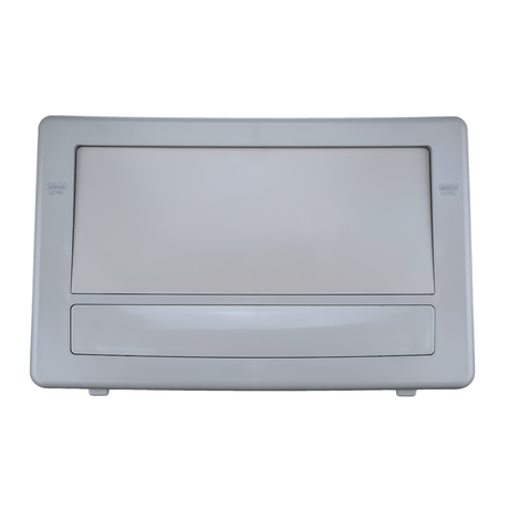 Front view of a grey wide mouth pool skimmer faceplate and flap door assembly featuring molded minimum water level indicator markings on the outer frame