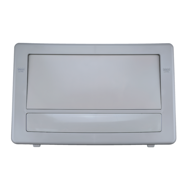 Front view of a grey wide mouth pool skimmer faceplate and flap door assembly featuring molded minimum water level indicator markings on the outer frame