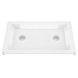 A top down front view of a white rectangular wide mouth pool skimmer leaf basket tray showing the rear and side drainage slots with two circular finger grip holes in the base