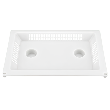 A top down front view of a white rectangular wide mouth pool skimmer leaf basket tray showing the rear and side drainage slots with two circular finger grip holes in the base