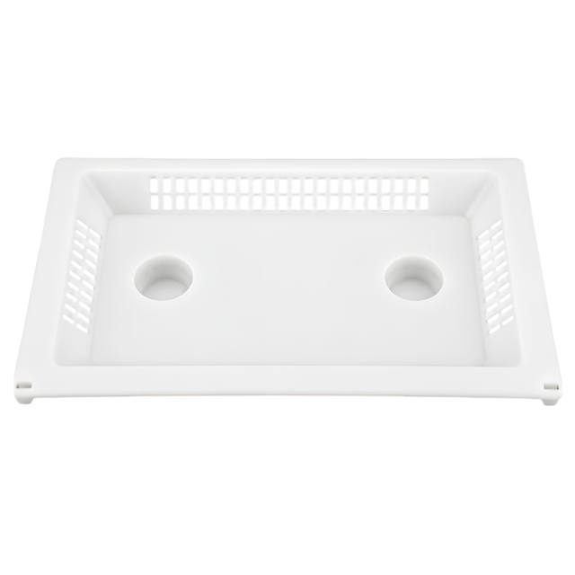 A top down front view of a white rectangular wide mouth pool skimmer leaf basket tray showing the rear and side drainage slots with two circular finger grip holes in the base