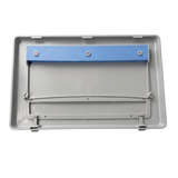 Rear view of a grey wide mouth pool skimmer weir flap door assembly showing the blue foam buoyancy block and the bottom snap-in mounting clips