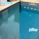 Side-by-side comparison showing the before and after results of using a pool water clarifier. The left "Before" image shows a cloudy, murky green-blue swimming pool, while the right "After" image shows crystal clear, sparkling blue pool water.