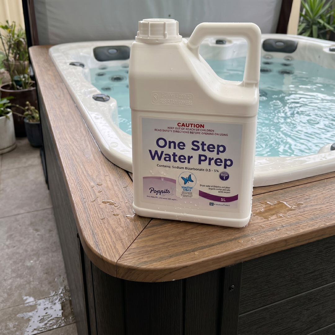 A 5L bulk container of Poppits One Step Water Prep with the Sensitive Choice logo sitting on the wooden corner of an outdoor hot tub filled with clear water.