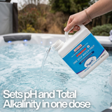 A hand pouring Poppits One Step Water Prep liquid into a bubbling outdoor spa, with text: "Sets pH and Total Alkalinity in one dose," demonstrating alternative hot tub conditioning.