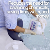 A person wearing protective gloves pouring Poppits One Step Water Prep into a hot tub, with overlay text: "Reduces the need for balancing chemicals, saving spa owners time, water, and money."