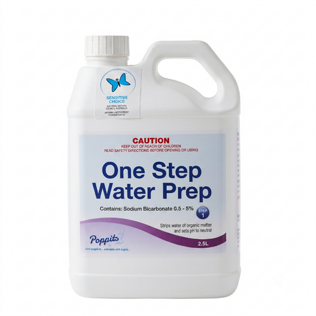A 2.5L bottle of Poppits One Step Water Prep featuring the Sensitive Choice logo, an asthma and allergy-safe chlorine-free spa conditioner used to balance pH and strip organic matter.