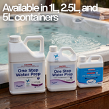 Poppits One Step Water Prep containers in 5L, 2.5L, and 1L sizes sitting on a wooden deck next to an outdoor hot tub, with text: "Available in 1L, 2.5L, and 5L containers."